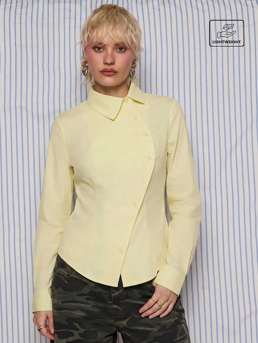 COUREZ 长袖不对称修身衬衫 / Y2K 春夏外出穿搭 女装 夜店装 性感外出上衣 休闲节日上衣 夏季休闲现代女式衬衫 - 鵝黃色 - 查看 1