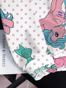 My Little Pony X SHEIN بلوزة رياضية كاجوال يومية بأكمام طويلة وطبعة شاملة وياقة دائرية مقاس كبير - أبيض - مشاهدة 6
