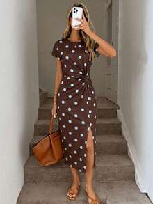SHEIN LUNE Plus Size Polka Dot Print Twist Front Split Dress - Multicolor - View 5