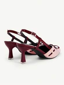 CUCCOO CHICEST New Pink Brown Color Matching Bow Pointed Slingback Sandals Women's High Heel Commuting Versatile Low Vamp Elegant Shoes - Pink - View 6