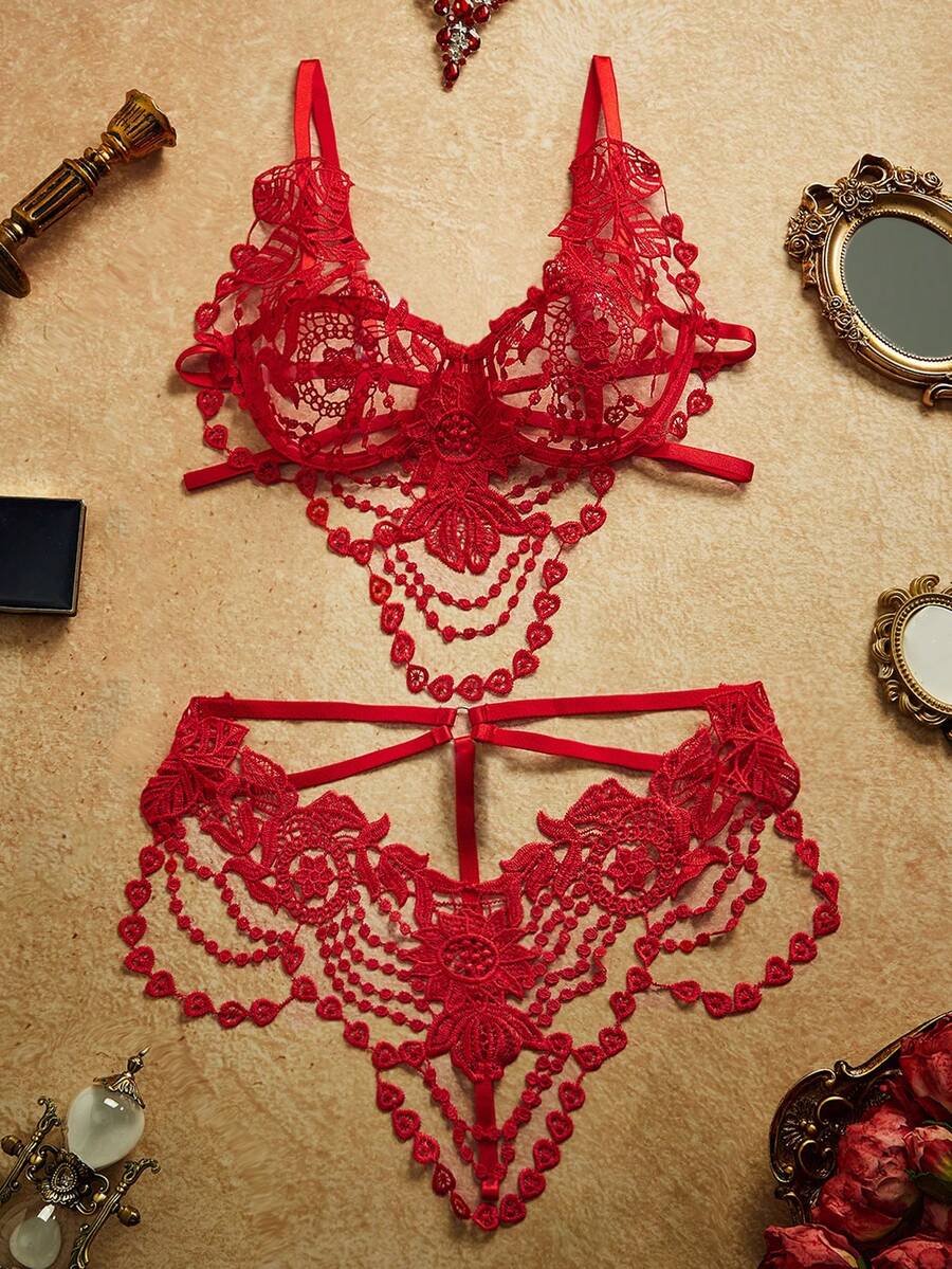 2pcs Floral Embroidery Sheer Mesh Lingerie Set, Extremely Alluring - Red - View 1
