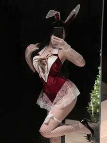 Dansine 2026 Spring/Summer New Sexy Cute Bunny Girl Lingerie Bodysuit Open Crotch Uniform Set For Dating, New Year, Christmas - Red - View 3