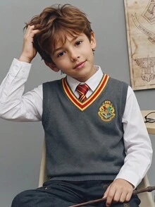 PrepCrw HARRY POTTER X SHEIN 兒童青少年男孩V領撞色學院風刺繡針織背心 秋季 - 灰色 - 查看 2
