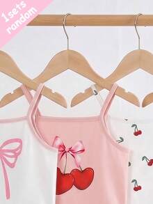 [Random 1 Set] Teen Girls Pajamas New Cherry, Bow, Strawberry Combination Print Knitted Cami Top With Contrast Ruffle Hem And All-Over Print Shorts 2-Piece Loungewear Set - Purple - View 3