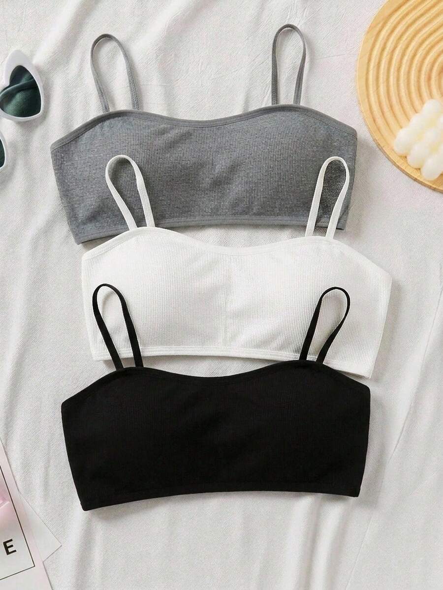 SHEIN 兒童青少年女孩簡約舒適加厚防滑細肩帶抹胸上衣 3件組 - 彩色 - 查看 1