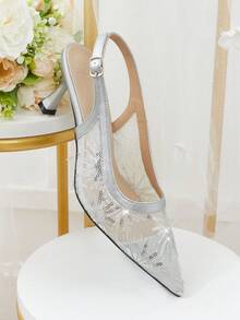 CUCCOO HITCHD Ladies Spring And Summer New Silver Fairy Mesh Sequins Pointed High Heels Shoes Slingback Buckle Design Gentle Style Dating High Heels Fall Shoes - Silver - View 2