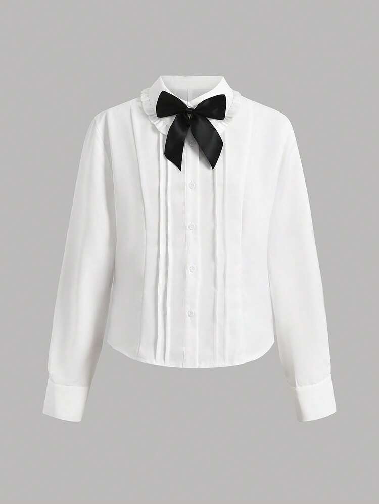 SHEIN Tween Girl Tween Girls Blouses, Autumn Winter Spring Summer Casual Elegant Versatile White Minimalist Slim Fit Long Sleeve Collared Pleated Shirt, Girls White Shirt, Back To School White Shirt - White - View 4