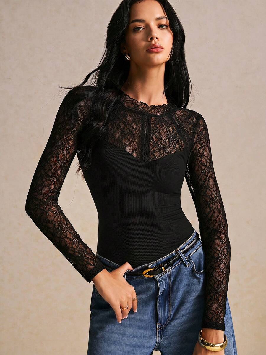 Poéselle 女款對比蕾絲長袖時尚優雅性感連身衣，黑色夏季夜生活約會穿搭