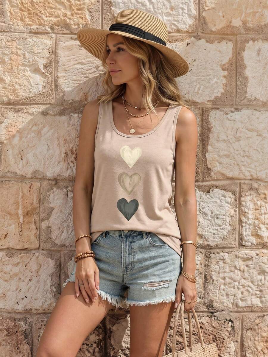 SHEIN LUNE Nueva camiseta básica de moda casual con cuello en U, estampado de corazón en la parte delantera en color caqui - Caqui - Ver 1