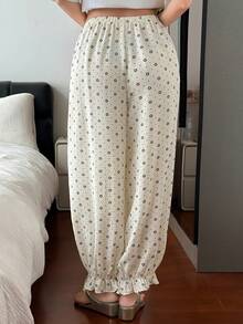 DAZY Summer Autumn Floral & Polka Dot Loose Ruffle Lantern Pants Women's Pajama Bottoms - Beige - View 2