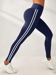 SHEIN Sports 女款侧条纹收腹运动紧身裤瑜伽裤 - 藏蓝色 - 查看 6