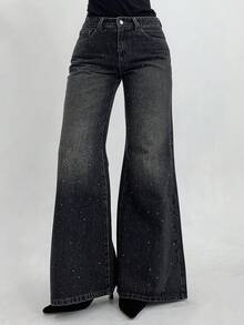 Dazy Plus Vintage Washed Distressed Stretch Fitted Long Flare Leg Jeans, All Season, Elegant Black Versatile Fall - Black - View 1