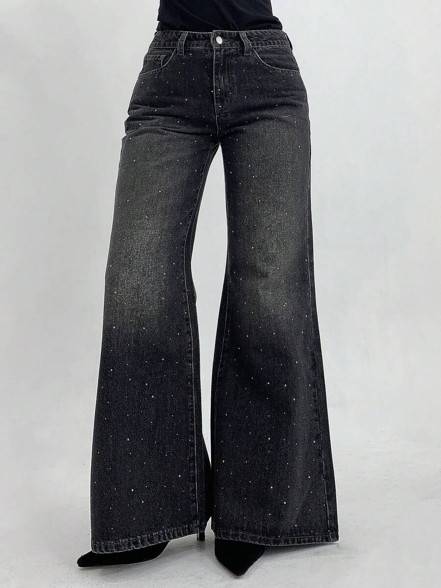 Dazy Plus Vintage Washed Distressed Stretch Fitted Long Flare Leg Jeans, All Season, Elegant Black Versatile Fall - Black - View 1