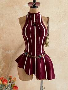 Soleia Atasan Rajut Tanpa Lengan dengan Hem Asimetris Bergaris Blok Warna Burgundy & Putih untuk Musim Gugur/Dingin - Burgundy - View 6
