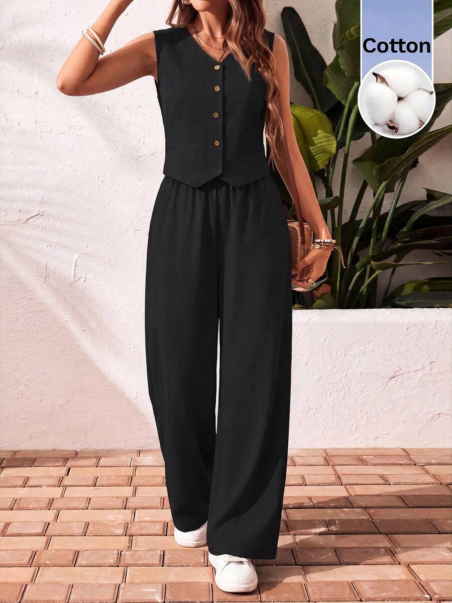 SHEIN Frenchy 女款純色單排扣背心與長褲休閒兩件套 - 黑色 - 查看 1