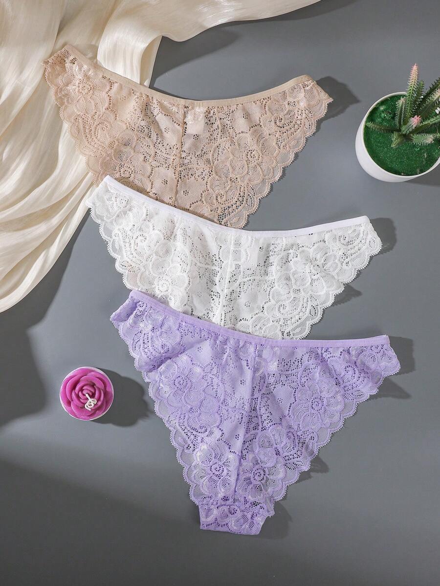 SHEIN 3件組簡約浪漫蕾絲女款三角內褲 - 彩色 - 查看 1