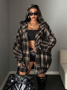 Maweii Plus Size Long Sleeve Vintage Slouchy Plaid Hooded Casual Lightweight Jacket - Multicolor - View 1