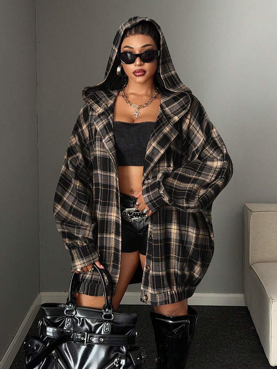 Maweii Plus Size Long Sleeve Vintage Slouchy Plaid Hooded Casual Lightweight Jacket - Multicolor - View 1