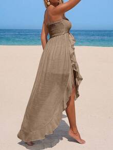 Swim Vcay Women's Solid Color Ruffle Hem Slit Design Casual Vacation Cover-Up Dress - Khaki - View 2