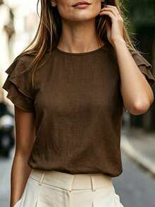 Balvessa Women's Double Layer Ruffle Raglan Sleeve Round Neck Top, Elegant Commute Style For Spring/Summer - Brown - View 3