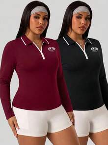 SHEIN Velisys Women's Plus Size Fitted Long Sleeve Sports T-Shirt Fall - Multicolor - View 4