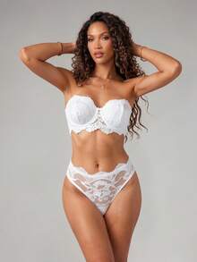 Silforma 2pcs/Set Women Lace With Underwire Seamless Sexy Lingerie Bra & Panties Set - White - View 1