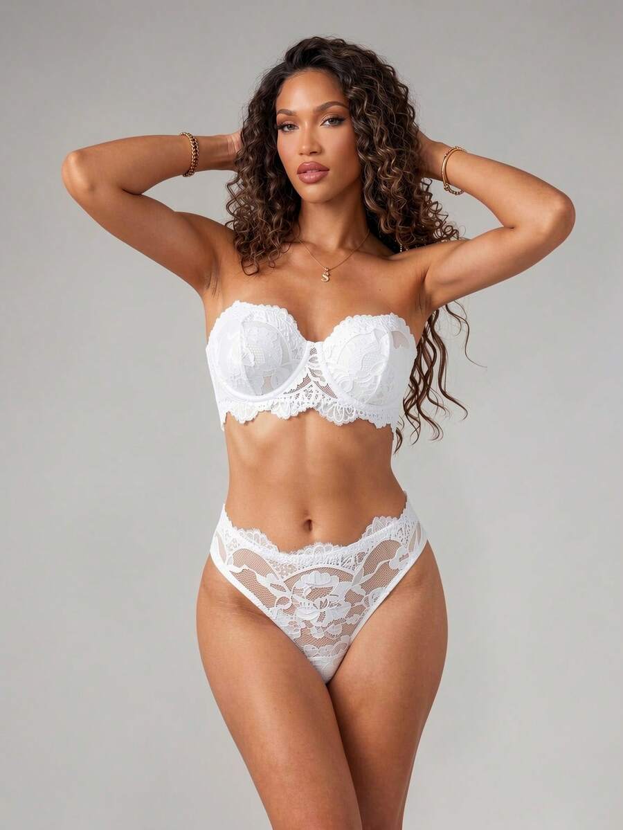 Silforma 2pcs/Set Women Lace With Underwire Seamless Sexy Lingerie Bra & Panties Set - White - View 1