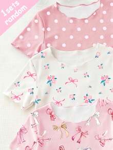 SHEIN 【隨機發貨1套】女童睡衣家居服套裝，四季熱銷款，蝴蝶結波點小碎花荷葉邊圓領套頭T恤搭配粉色印花長褲 - 白色 - 查看 3