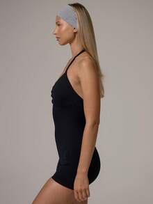Musera Sport Ruched Bust Seamless Fitted Cinched Waist Halterneck Active Unitard Romper   Daily Casual Pilates Gym Sport Active - Black - View 4