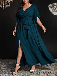 SHEIN CURVE+ Plus Size Women's Woven Solid Color Fitted V-Neck Bell Sleeve Tie Waist Ruched Slit Elegant Party Dress - Teal Blue - View 3