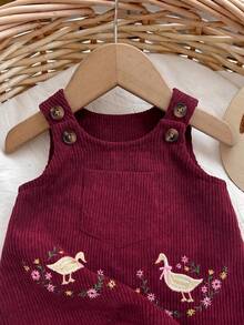 SHEIN 新生女嬰可愛紅色休閒卡通刺繡圖案秋冬洋裝 - 酒紅色 - 查看 4