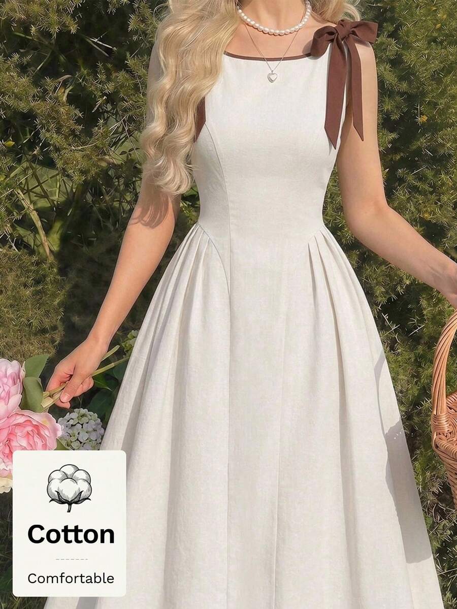 SHEIN MOD 女款純棉素色綁肩無袖長款白色甜美優雅洋裝,適合婚禮派對度假秋季穿搭 - 卡其色 - 查看 1