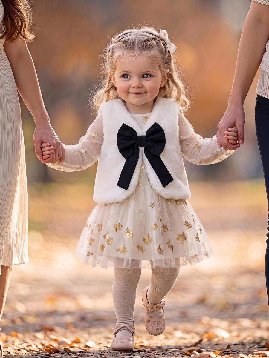 SHEIN Baby Girl Soft & Comfortable 3D Bow Casual Vest Jacket - White - View 1