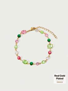 Glisma Colored Gemstone Inlaid Women's Chain Bracelet (Random Color Arrangement) - Gold - View 1