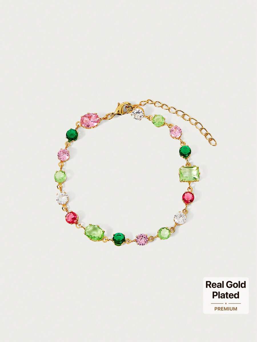Glisma Colored Gemstone Inlaid Women's Chain Bracelet (Random Color Arrangement) - Gold - View 1