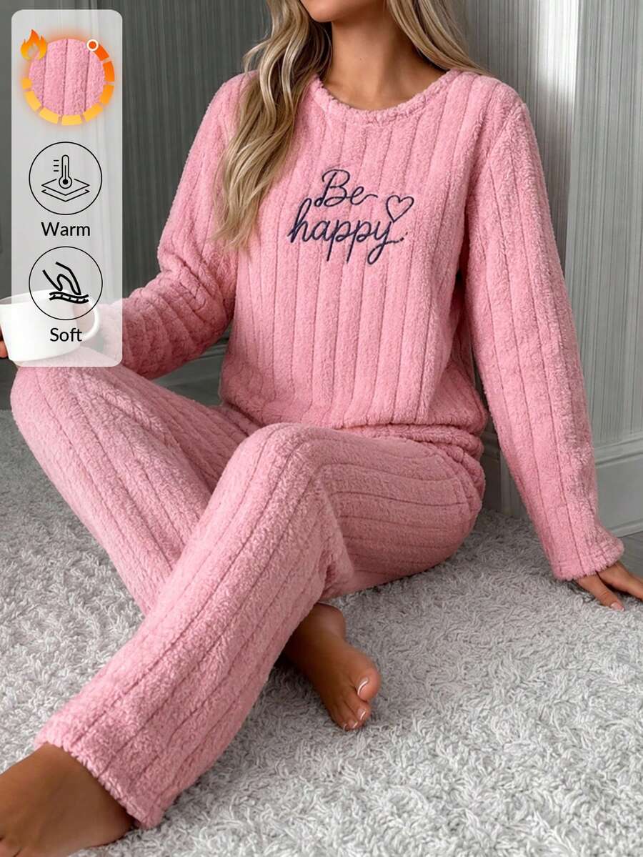 SHEIN Pink Ribbed Fuzzy Plush Be Happy Embroidery Cozy Winter Homewear Pajama Set