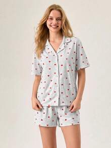 EURMUSE Cotton CURVE PLUS Women 2 Pcs Heart Pattern With Button Front Detail Short Sleeved Shirt%Shorts Homewear Comfort Pajama Set For Ladies - Multicolor - View 3