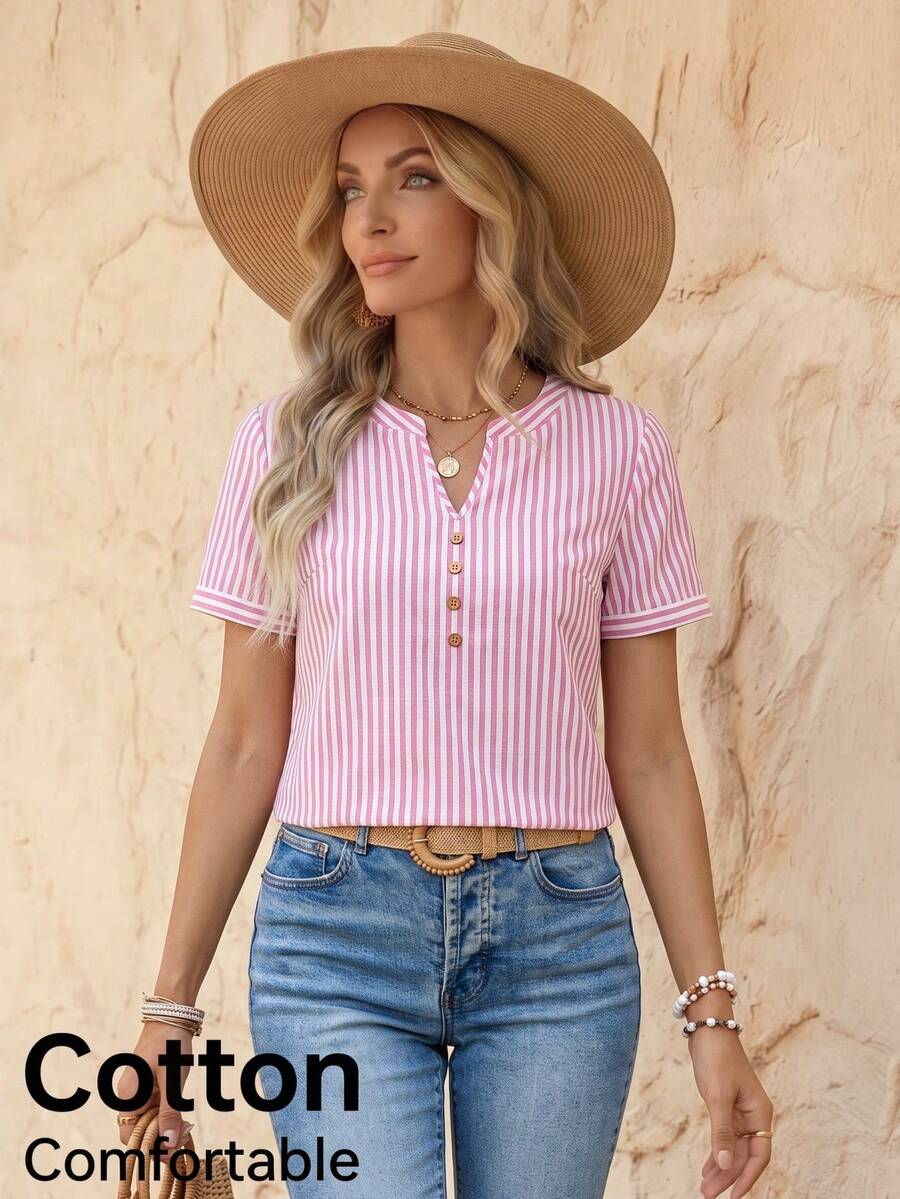 EMERY ROSE Women's Striped Print Short Sleeve Blouse - Pink - View 1
