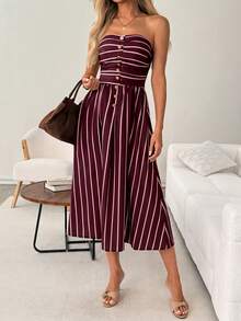 SHEIN LUNE Women's Casual 70s Retro Elegant Burgundy Stripe Metal Buckle Decor Summer Vacation Commute Vacation Daily Sleeveless Bandeau Midi Dress Brunch Party - Burgundy - View 5