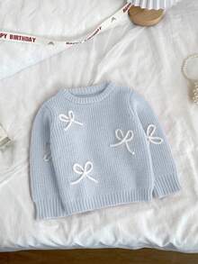 SHEIN Vintaside Kids 時尚百搭可愛蝴蝶結女童套頭圓領針織毛衣 - 淺藍色 - 查看 1