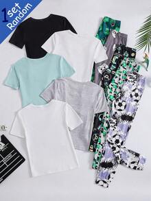 [Randomly Sent 1 Set]Tween Boys Pajamas, Spring/Summer New Fashion Hot-Selling Sports Football, Game Micro World Block Dinosaur, Game Console Controller Combination Pattern Print, Knitted Tight-Fit High Elastic Fabric Short Sleeve Long Pants Pajama 2-Piece Set - Multicolor - View 2