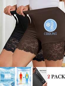 SHEIN Clasi Conjunto de 2 piezas de leggings para mujer talla grande, pantalones y shorts en negro y marrón chocolate, con dobladillo de encaje, elásticos, elegantes y casuales para oficina, vacaciones y verano - Café integral - Ver 7