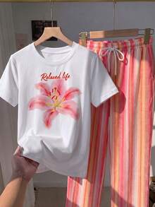 Comfortcana 2pcs/Set Embroidered Round Neck Short Sleeve Top And Striped Print Pants, Casual - Pink - View 3