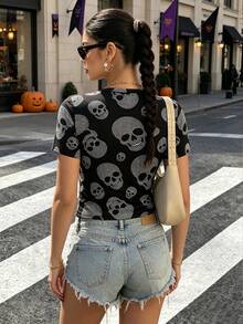 Aidyla Women's Dark Style Full Print Faux Rhinestone Skull Pattern Black And White Fashion Crew Neck Short Sleeve Slim Fit Cropped T-Shirt Halloween Sexy - Multicolor - View 2