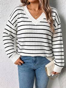 EMERY ROSE Sweatshirt Lengan Panjang Bergaris Leher V Wanita, Atasan Kasual Musim Gugur/Dingin untuk Beraktivitas di Luar Ruangan - Putih - View 5