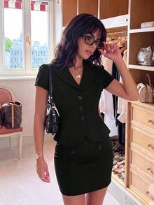 Sweetina Women's 2pcs Set Slim Fit V-Neck Lapel Shirt And Double-Breasted Skirt - Black - View 5