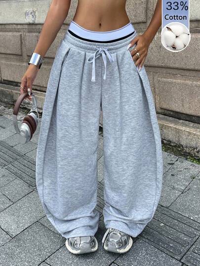 Coolane Pantalones largos de pierna ancha con cintura con cordón para mujer, casuales y versátiles para uso diario