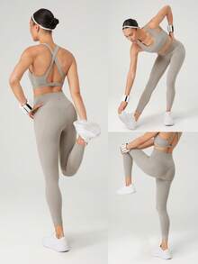 GLOWMODE 2 件 Powersculpt™ Flex Your Fit 吸汗凉爽感觉交叉后背宽肩带运动胸罩和 24 英寸紧身裤套装高强度健身跑步训练可拆卸罩杯 - 卡其色 - 查看 10