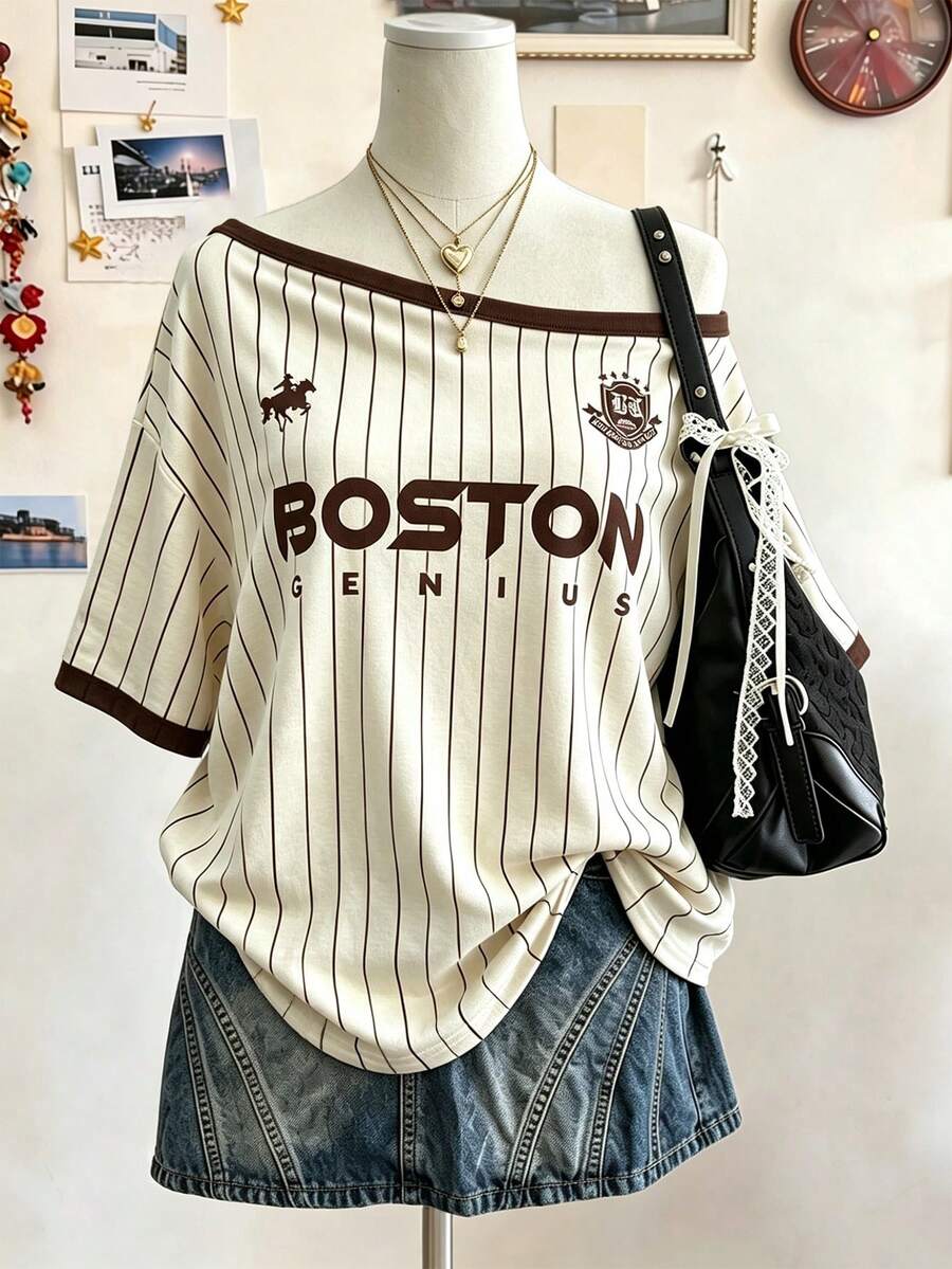 Lalippa 條紋數位波士頓字母多色效果印花時尚簡約女款圓領T恤好友禮物 - 彩色 - 查看 1