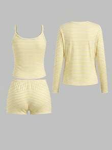 Teen Girl Striped Camisole, Shorts And Cardigan Set Suitable For Summer - Multicolor - View 3